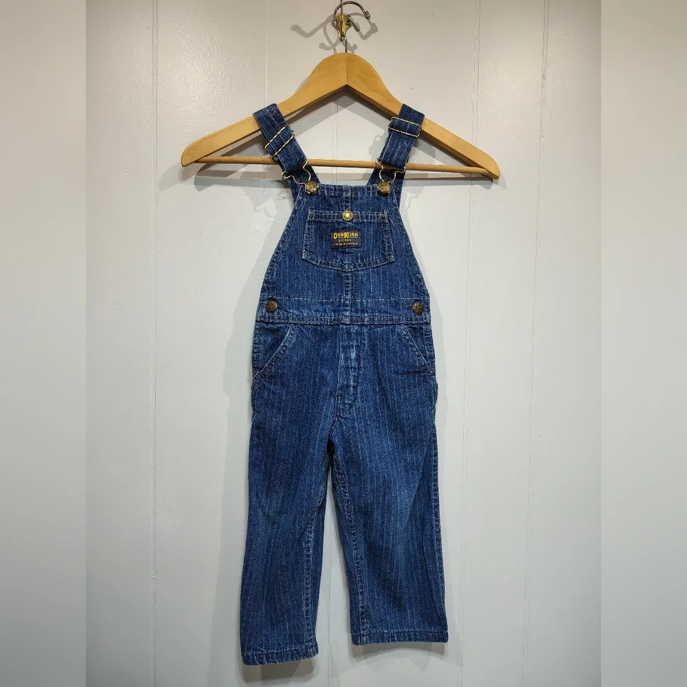 OshKosh BGosh Railroad Stripe Denim Overalls Vestbak Made in USA Toddler
